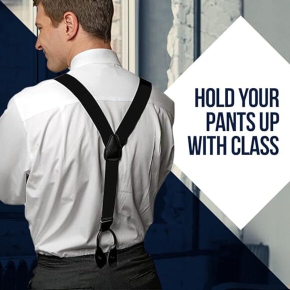 Hold’Em 1 3/8” Twill Elastic Suspenders for Men Leather Trimmed Button - Grey - Picture 5 of 7